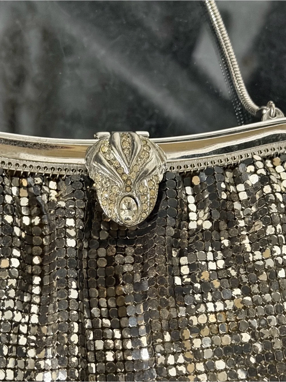 Vintage Whiting & Davis Silver Sequin Evening Bag Metal Frame & Rhinestone claps